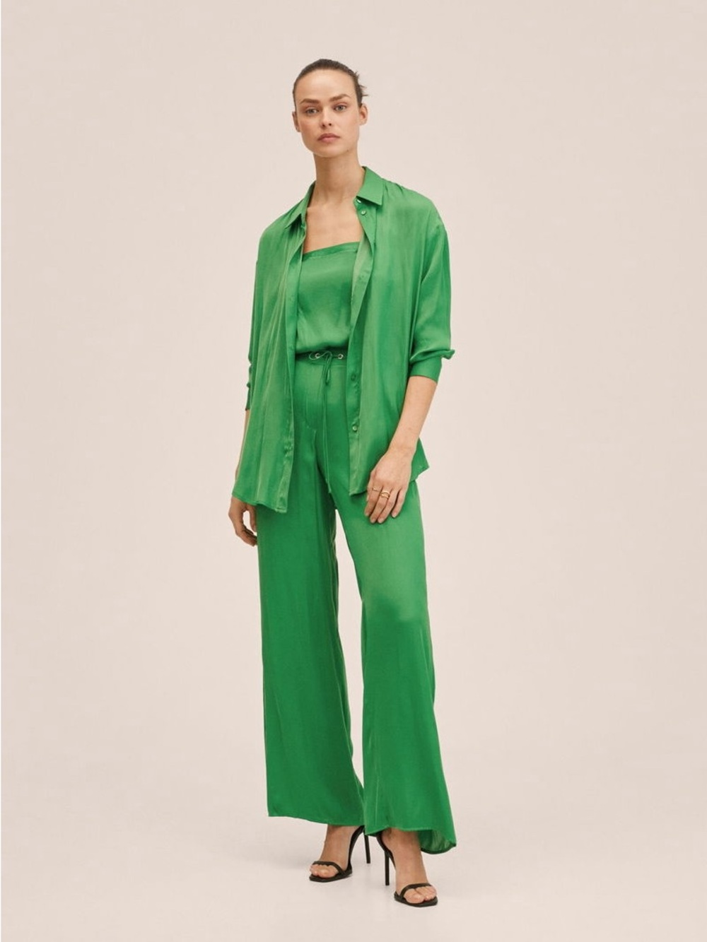 Mango Emerald Green Wide-Leg Satin Pants Size Large & Top Size 4 Set
